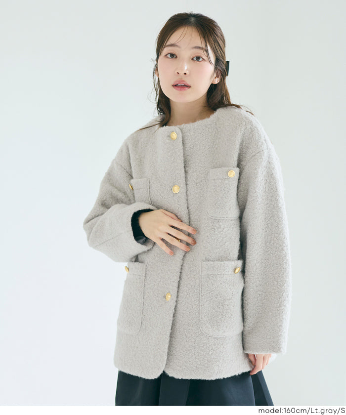 プードル金釦ノーカラーコート レディース 送料無料/メール便不可