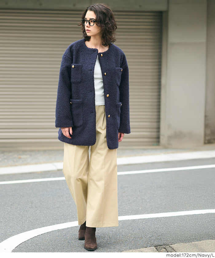 プードル金釦ノーカラーコート レディース 送料無料/メール便不可