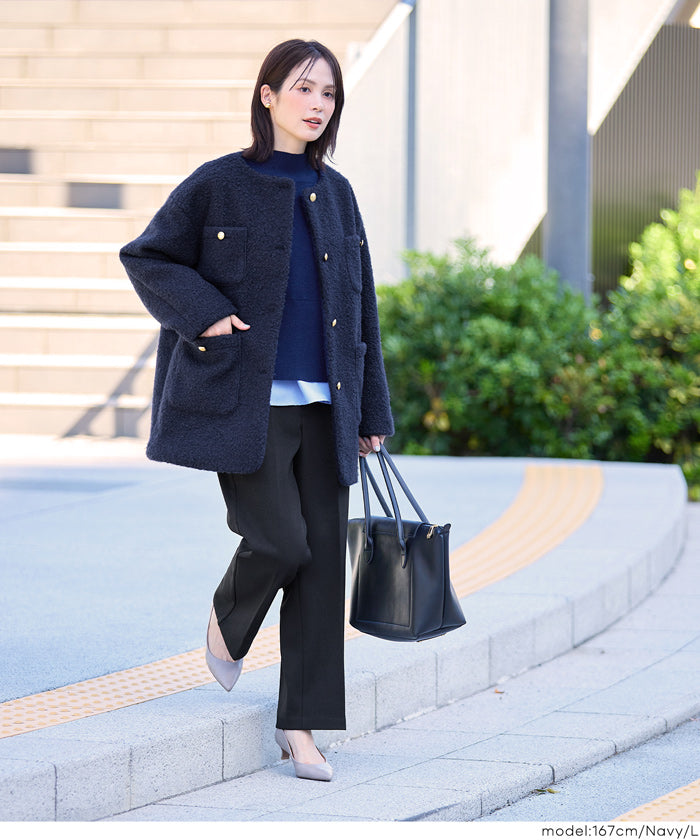 プードル金釦ノーカラーコート レディース 送料無料/メール便不可