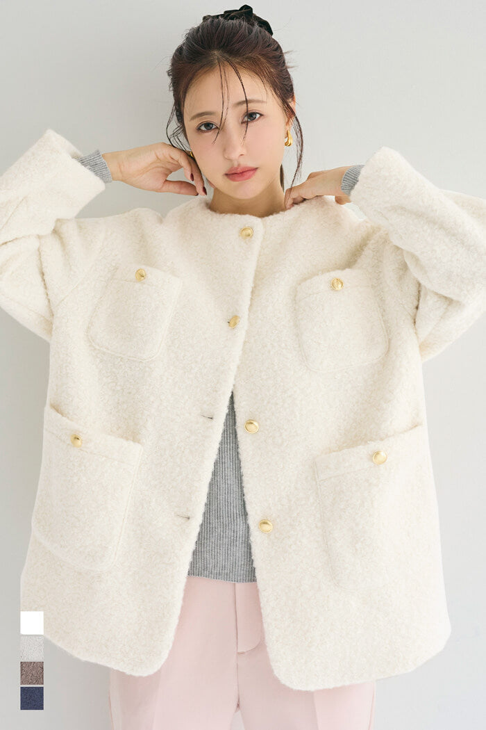 プードル金釦ノーカラーコート レディース 送料無料/メール便不可