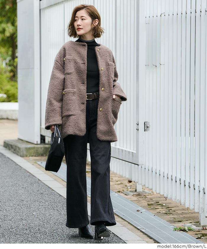 プードル金釦ノーカラーコート レディース 送料無料/メール便不可