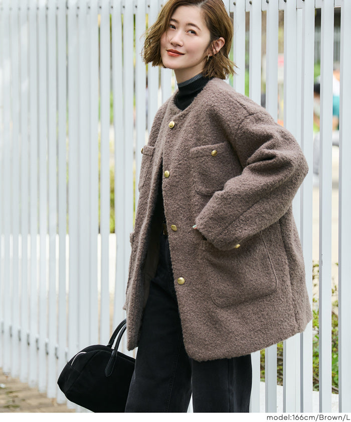 プードル金釦ノーカラーコート レディース 送料無料/メール便不可