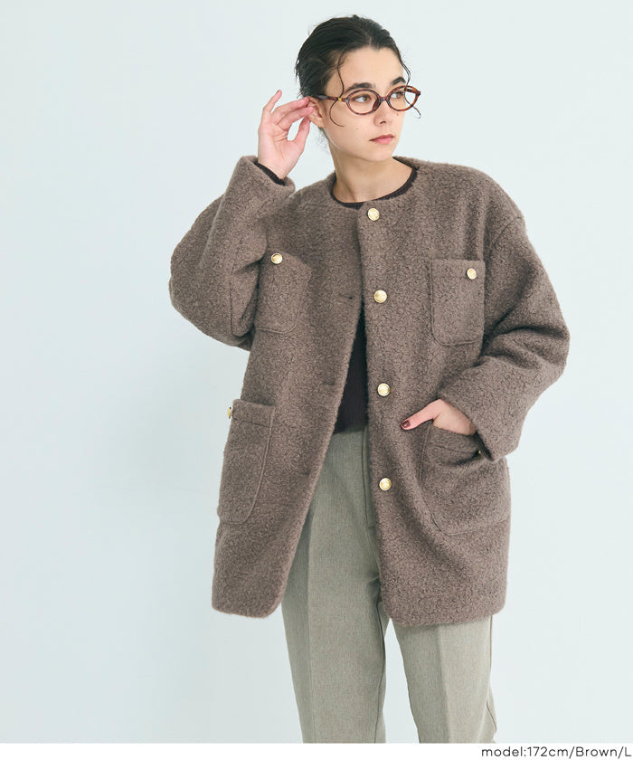 プードル金釦ノーカラーコート レディース 送料無料/メール便不可