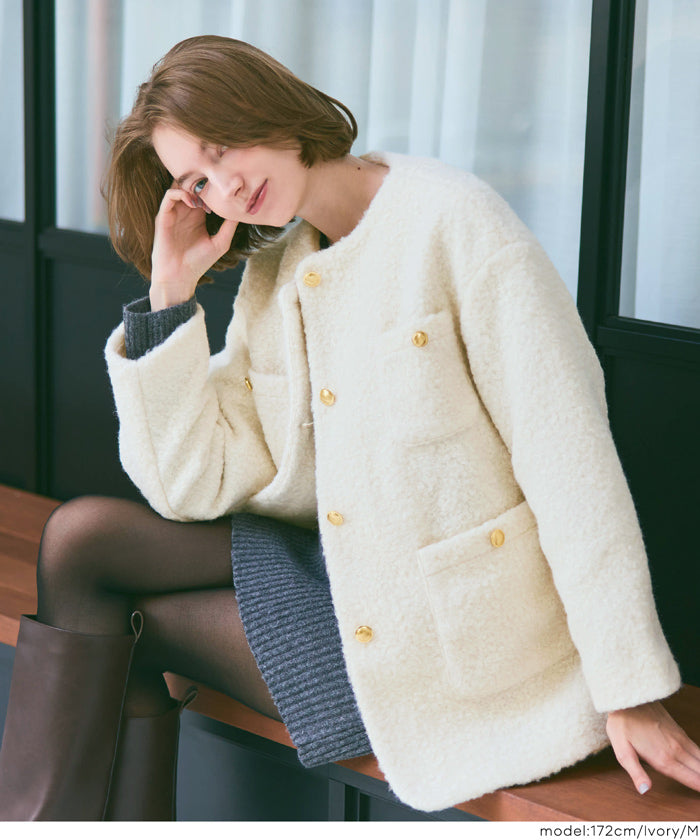 プードル金釦ノーカラーコート レディース 送料無料/メール便不可