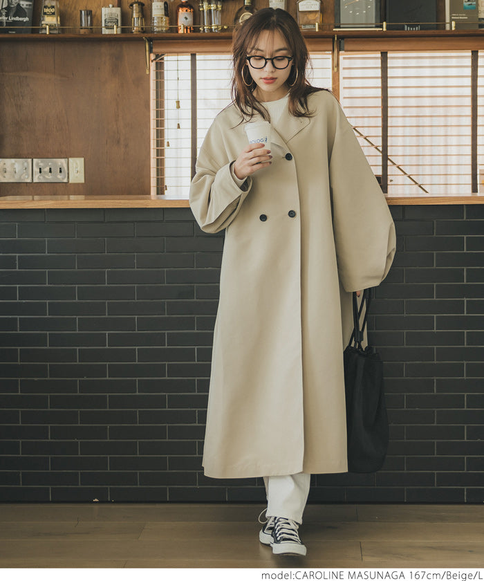トレンチコート レディース Aライン ノーカラー ボリュームスリーブ ボックスタック 前ボタン ポケット裏地付き 無地 メール便不可 23aw 